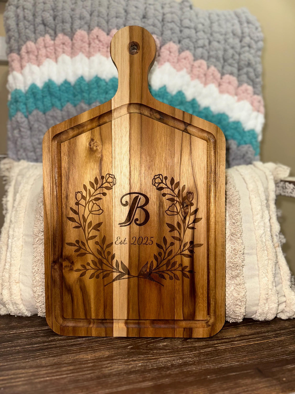 Personalized Teak Wood Cutting Board: Engraved Initial &amp; Date