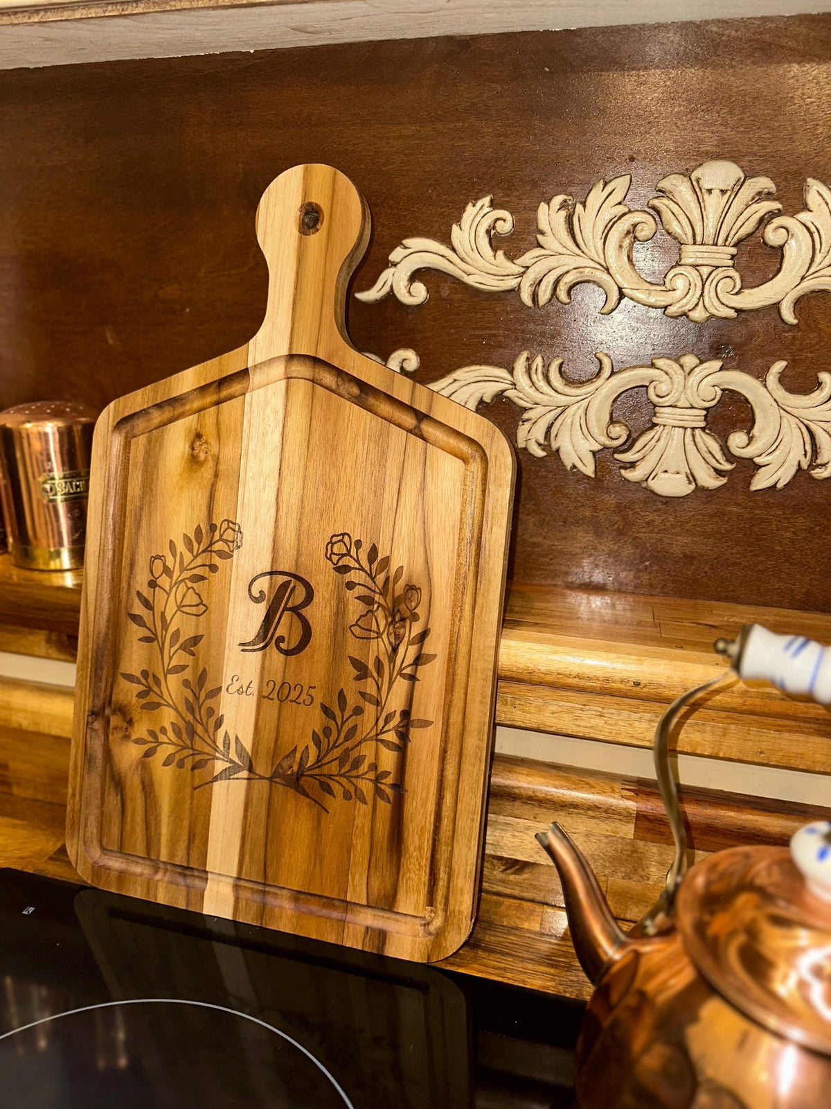 Personalized Teak Wood Cutting Board: Engraved Initial &amp; Date