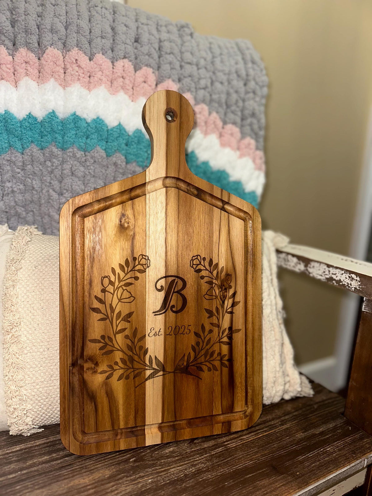 Personalized Teak Wood Cutting Board: Engraved Initial &amp; Date